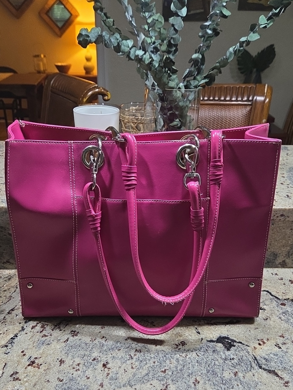 Women's Pink Leather Tote Bag with Leopard Interior